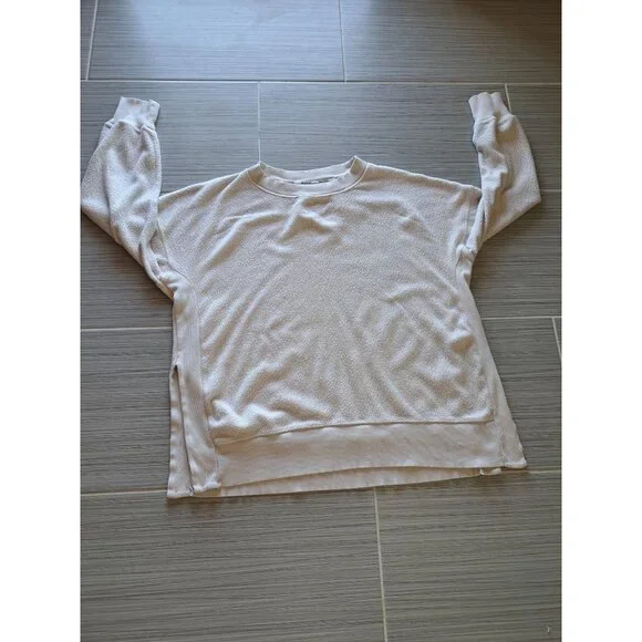 Aerie Chilled Out Large Beige Sherpa Sweatshirt Ribbed Side Panels Women's Cozy - Picture 9 of 11